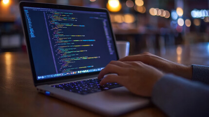 A programmer works on their laptop, writing code to build and improve apps and websites. They test their work on mobile phones and use programming languages to write the instructions for the software.