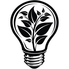 Ecology light bulb with green leaves vector silhouette