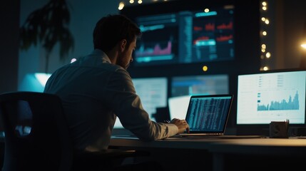 Man Working on Laptop in Dark Office with Multiple Screens