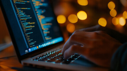 Wall Mural - a programmer works on their laptop, writing code and testing software. the screen displays lines of 