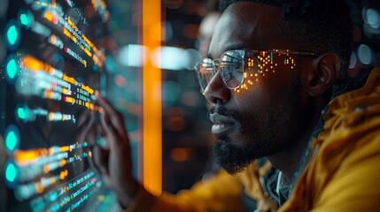 A man in a yellow jacket is looking at a computer screen with a green screen