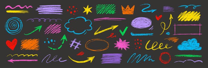 Poster - Crayon pencil color brush hand drawn chalk vector element set. Scribble pastel texture brush stroke kid square, spiral, arrow element hand drawn sketch design. Crayon pencil style. Vector illustration