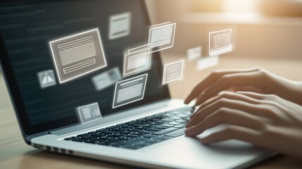Hands Typing on Laptop with Data Transfer