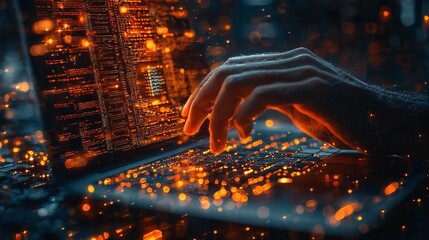 Hands typing intensely on a keyboard with a glowing digital background illustrating code and data flow, emphasizing innovation and technology creation.