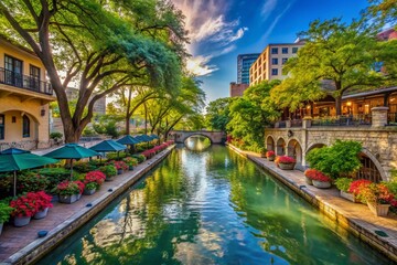 Wall Mural - Scenic Views of San Antonio River Walk Featuring Lush Landscapes and Charming Waterfront Pathways