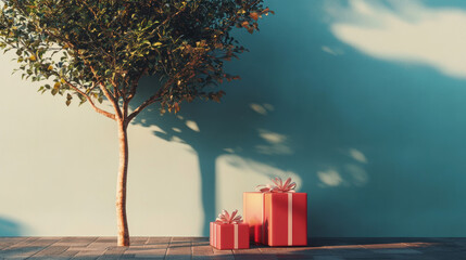 A tree is in front of two red boxes