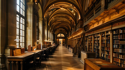 Wall Mural - A vintage library interior with towering wooden bookshelves, soft golden lighting, and a cozy reading nook, evoking a warm, nostalgic atmosphere