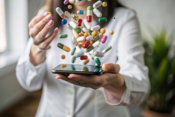 Medicine, pharmacy, online ordering, purchase and delivery, online doctor's consultation. A woman with a smartphone in her hand. Colorful pills, pills, and capsules fly off the smartphone screen.