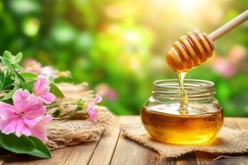 Honey Dripping from Dipper into Jar with Wildflowers