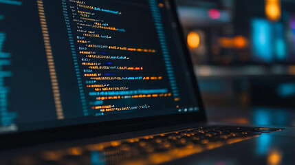 Wall Mural - a laptop screen shows code and business icons, representing the world of software development. this 