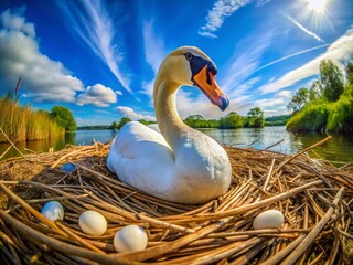 Wall Mural - Serene Swans Nesting: Close-Up of a Beautiful Swan Egg in a Natural Setting by the Water's Edge