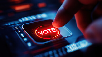 Close-up of a finger about to press a glowing red button with the text 