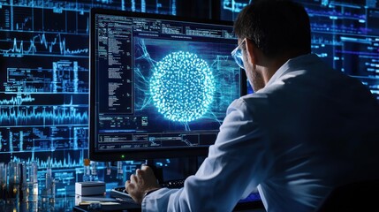 a scientist analyzing ballistic trajectories on a computer screen in a forensic lab