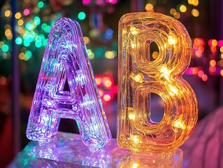 Vibrant Glass Letters 'A', 'B', and 'C': A Festive Poster Perfect for Sports Interiors, Illuminated by Colorful Lights and Reflecting Joyful Hues!