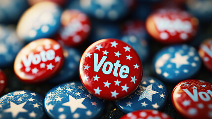 Close-up of red, white, and blue pinback buttons with the word 