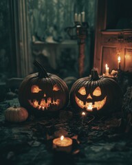 Wall Mural - spooky pumpkins with candlelight in dimly lit room