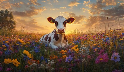 Wall Mural - Cow in Flower Field.