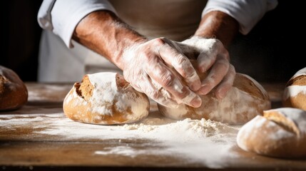 Hands gently sprinkle flour over freshly baked bread, embodying the art and craft of traditional baking with warm, rustic ambiance.