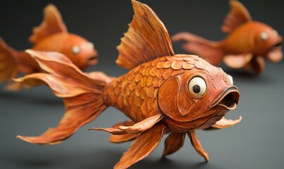 Three handcrafted wooden goldfish sculptures with orange paint and large eyes against a gray background.