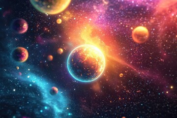 Wall Mural - a glowing planet in a starry, multicolored galaxy