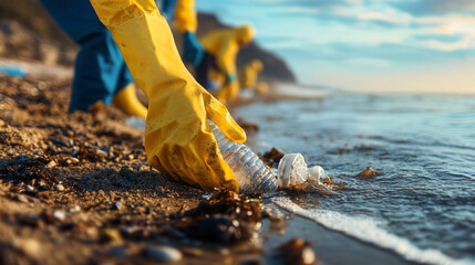 Wall Mural - Volunteers clean up a polluted beach, symbolizing community effort, environmental responsibility, and the collective fight against pollution for a sustainable future