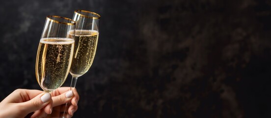 elegant champagne flutes with gold rims clink in celebration against a dark background, embodying lo