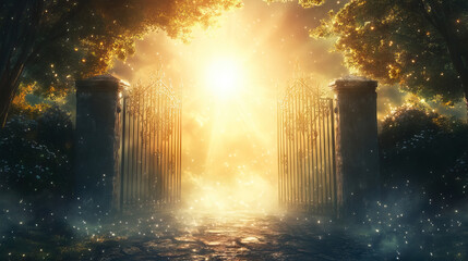 Gates to heaven with bright light shining through with copy space for all saints' day background banner.