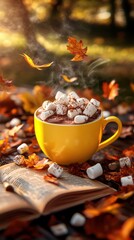 Poster - A cup of hot chocolate with marshmallows and a book