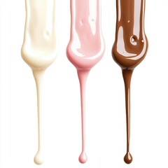 Dripping milk collection in different flavours, vanilla, chocolate and strawberry, isolated on a white background