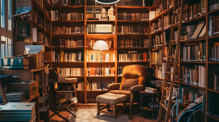 Wall Mural - A vintage library interior with towering wooden bookshelves, soft golden lighting, and a cozy reading nook, evoking a warm, nostalgic atmosphere