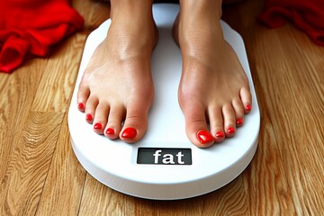 Woman standing on a weighing scale displaying the word  fat  on its digital screen.