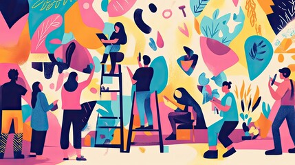 Wall Mural - Colorful Abstract Artwork with People and Plants