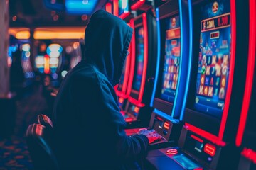 Man, Slot Machine, Addiction, Casino, Gambling. Problem Gambler In Dark Hooded Sweatshirt Playing