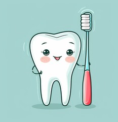 Cute toothbrush character holding a cute cartoon smiling tooth, in the clip art style, cute, kawaii style, vector illustration, high resolution, high detail, colorful, on a light background, soft colo