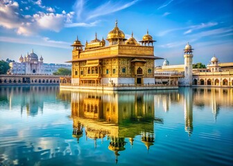 Sticker - Stunning Golden Temple Reflections in Tranquil Waters Surrounded by Lush Greenery and Blue Sky