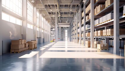 Interior of a warehouse with a long corridor and rows of racks