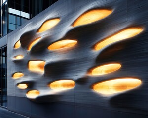 Design a detailed close-up of a building facade incorporating bioluminescent organisms, radiating a soft, enchanting light Showcase the intricate beauty and potential of this sustainable lighting