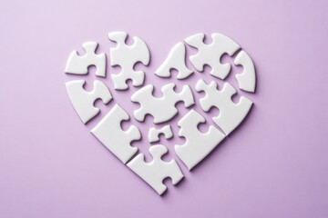 An artistic arrangement of white puzzle pieces shaped like a heart on a pastel purple background