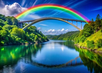 Wall Mural - Stunning Rainbow Bridge Arching Over Serene Landscape with Lush Greenery and Clear Blue Sky Background