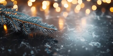 A close-up of a pine branch with sparkling lights in the background, creating a warm atmosphere.