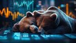 © PASSANON - elegant bear sleeping into each other is touching a growth graph bar chart on a virtual screen, depicting a business plan, financial market, and stock prices going up