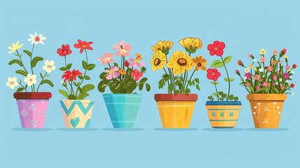 Poster - A variety of colorful flowers in decorative pots showcases their beauty against a serene blue backdrop, adding charm to any space. Generative AI