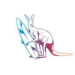 Wall Mural - Kangaroo with a surfboard. Original vector illustration in vintage style. T-shirt design.