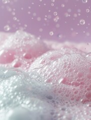 Poster - A tranquil bath features a surface of colorful bubbly foam with droplets dancing above, creating a peaceful and relaxing ambiance. Generative AI