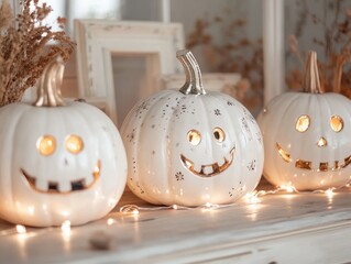 Wall Mural - White pumpkins with whimsical faces and fairy lights in a minimal autumn setting