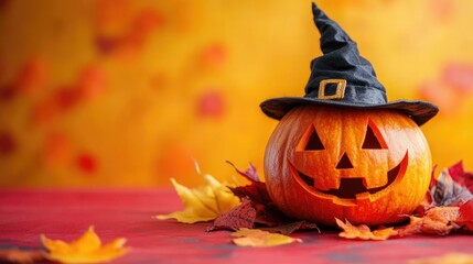 Sticker - Pumpkin decoration with hat on vibrant background