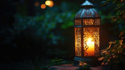 Canvas Print - Candlelit Arabic lantern for nighttime celebration with dark background