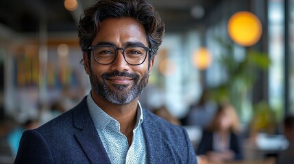 Portrait of a Smiling Man in a Blue Blazer with Glasses