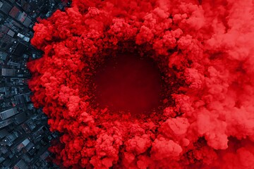 Poster - aerial view of vibrant red smoke swirling in a circular pattern, creating a dramatic and captivating