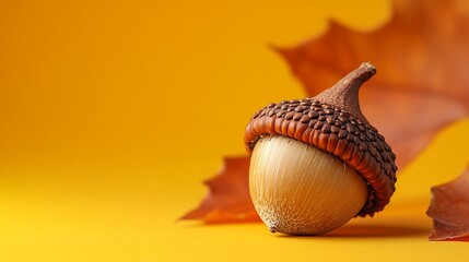 Wall Mural - Single acorn with autumn leaves on yellow background.